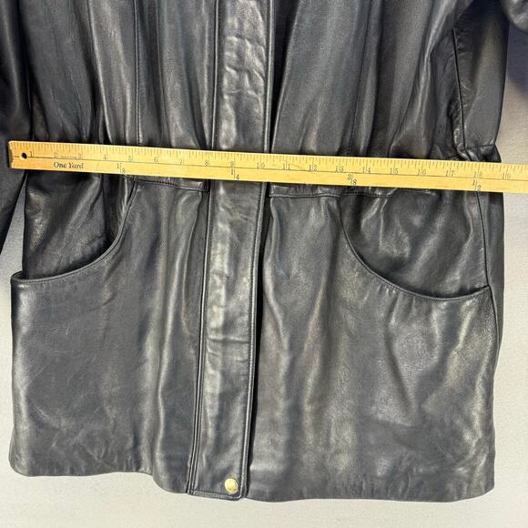 Worthington Leather Parka Women's L Black Lamb Skin Dyed Fox Fur Trim Hood EUC - Picture 13 of 14